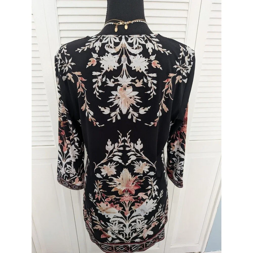 WHBM Shift Dress/Tunic Women M Multi Black 3/4 Aztec Floral Stretch Embroidery - Picture 8 of 12